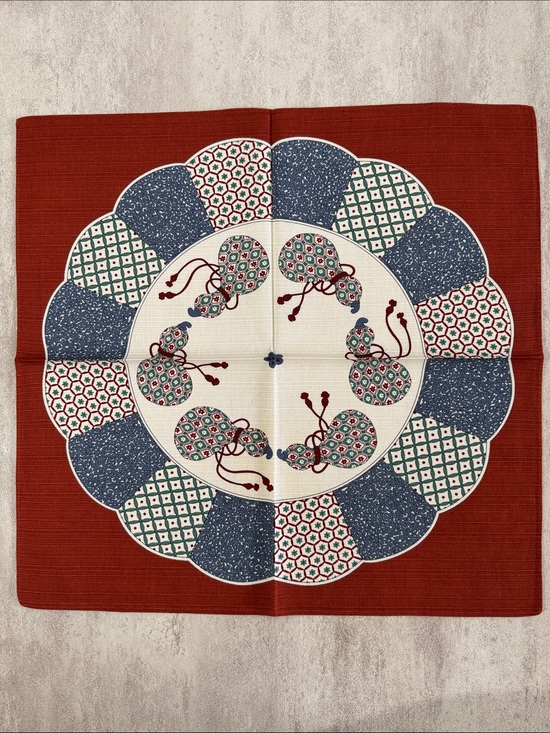 None Other - Men's Pocket Square - Red with Blue & Cream Floral Medallion